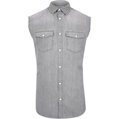 Grey sleeveless denim shirt